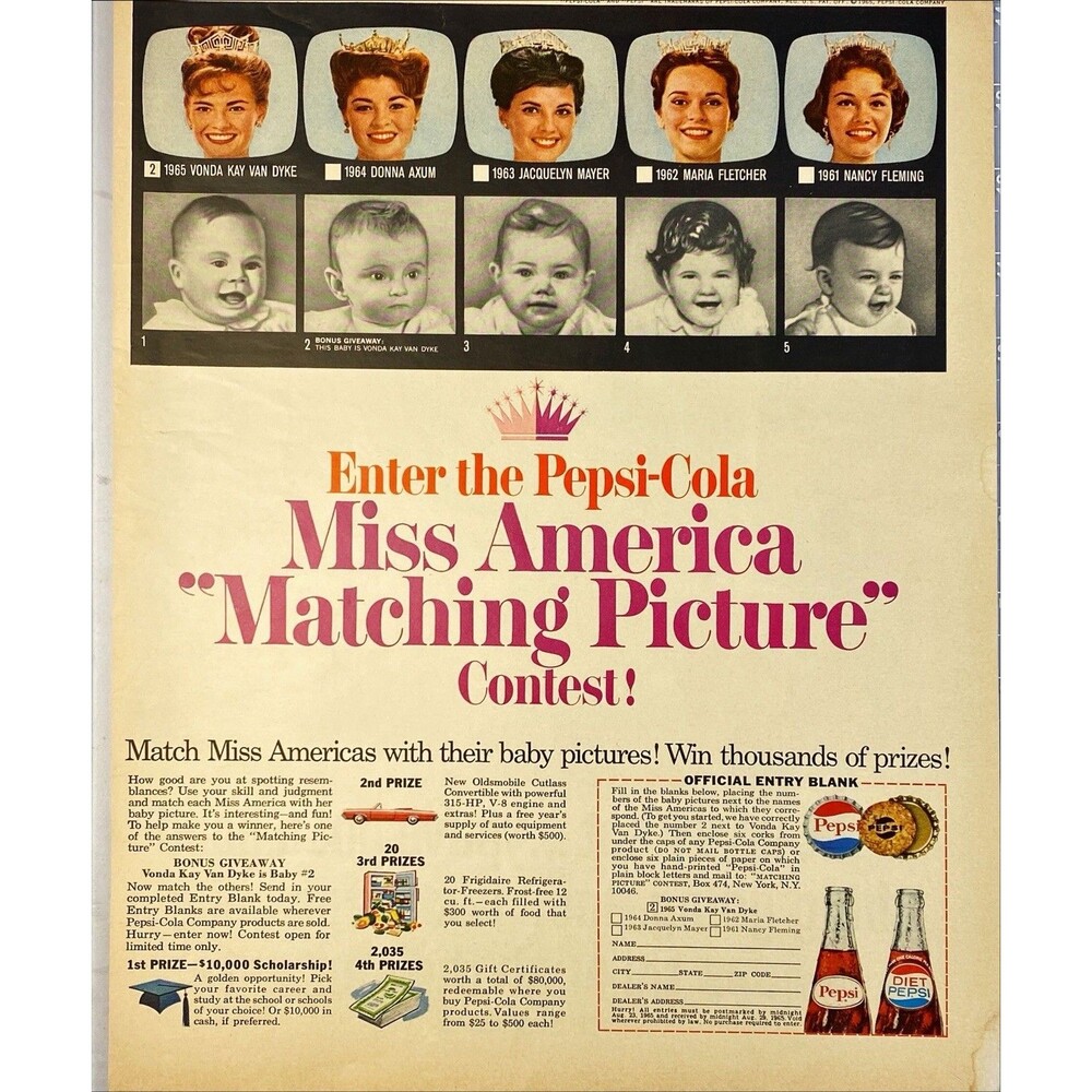 Pepsi-Cola "Miss America 'Matching Picture' Contest!" Vintage Print Ad 1965
